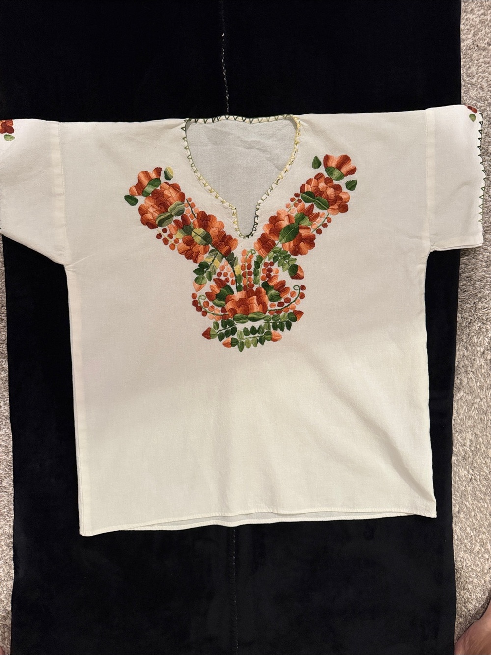 Beautiful hand made Embroidered linen Blouse with Orange Floral Yoke